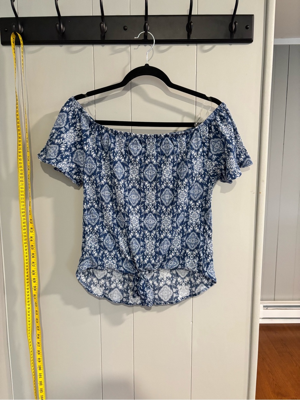 Blue Off-Shoulder Printed Tie-Front Crop Top
